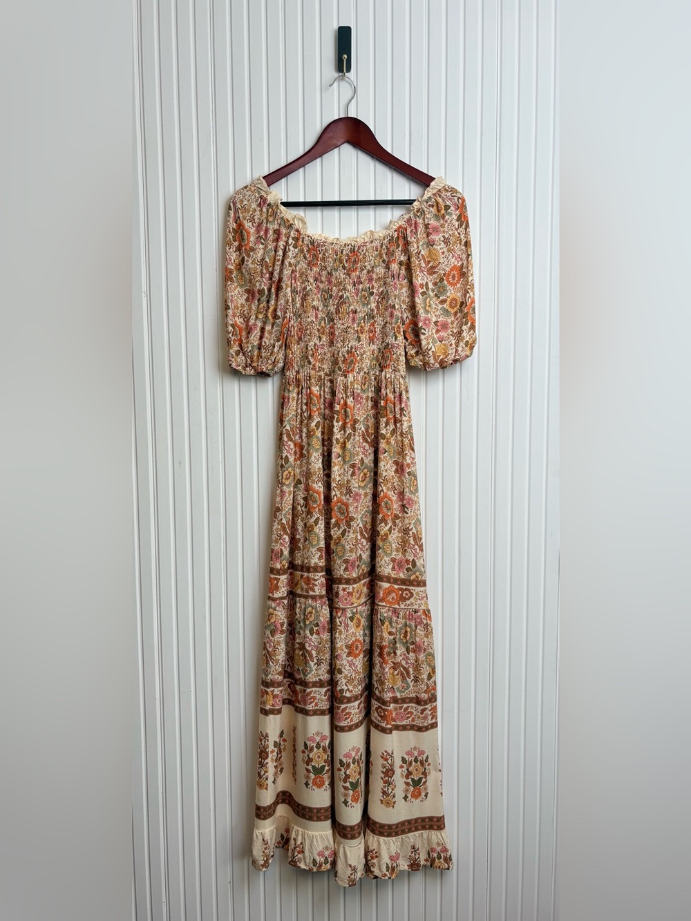Kindred Tea Length Dress Puff Sleeve Smocked Floral L Peasant Bohemian Cottage